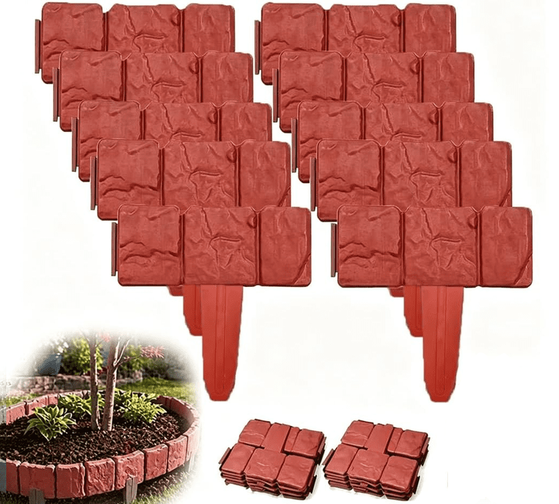 Imitation Stone Plastic Garden Edging, Cobbled Effect Interlocking Fence Border for Flower Bed Lawn Path Yard Outdoor Decor, Red, 20pcs
