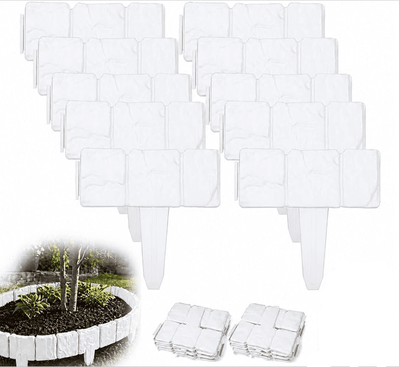 Imitation Stone Plastic Garden Edging, Cobbled Effect Interlocking Fence Border for Flower Bed Lawn Path Yard Outdoor Decor, White, 10pcs