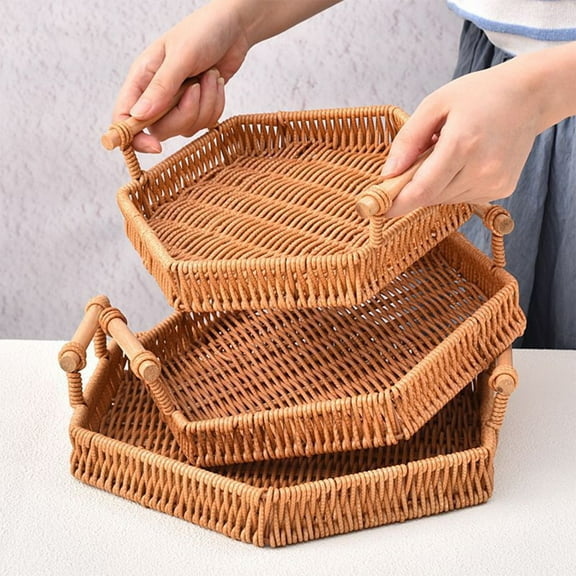 Imitation Vine Storage Basket, Plastic Woven Rattan Style Fruit and Vegetable Organizer with Handles, Rustic Kitchen Countertop Snack Tray for Living Room Picnic Decor, Topliu