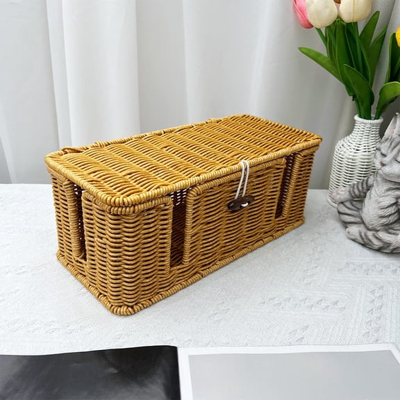 Imitation Vine Woven Storage Basket, Hollow Washable Desktop Organizer With Flip Lid For Cables Chargers And Small Electronics, Decorative Living Room Bedroom Office Clutter Solution