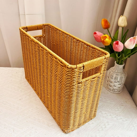 Imitation Vine Woven Storage Basket | Large Capacity Wine Bottle Organizer | Picnic & Wedding Gift Basket | 15 x 5.9 x 10.3 Inches | Yellow or Coffee Color
