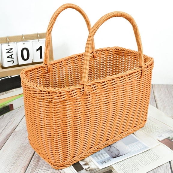 Imitation Vines Weaving Storage Basket, Durable Plastic Woven Organizer with Handle, Large Capacity Easy to Clean Multi Functional Basket for Shopping, Picnic, Travel, Home Storage