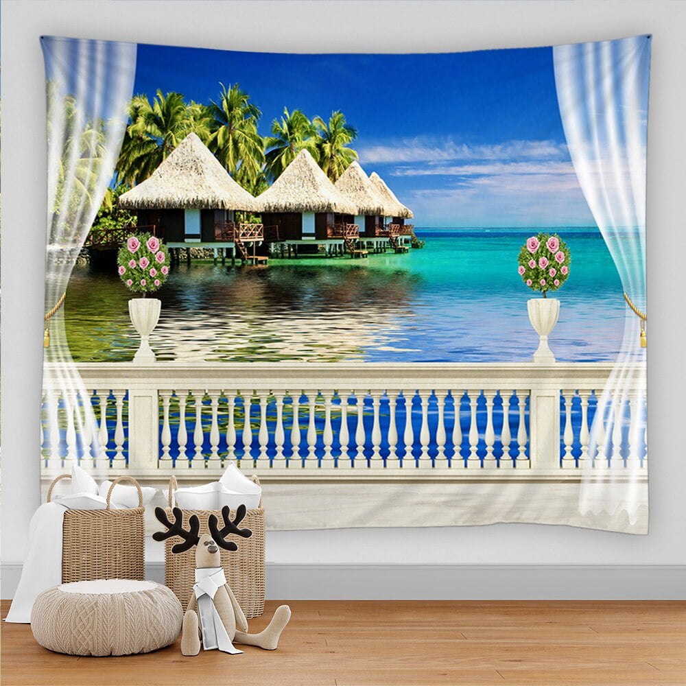 Imitation Window Landscape Tapestry Wall Hanging Palm Tree Sea Beach ...