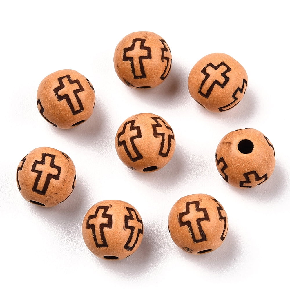Imitation Wood Acrylic Beads Round with Cross Pattern Sandy Brown 8mm Hole: 2mm about 1800pcs/500g