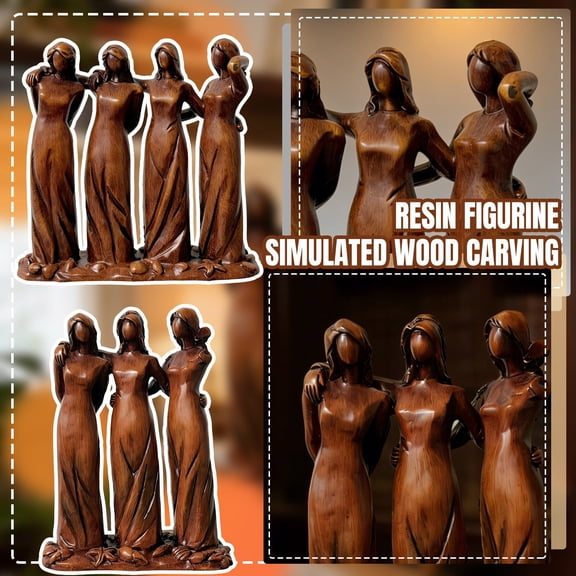 Imitation Wood-Carved Resin Figurine of Four Sisters, Heart-Shaped Resin Crafts, Home and Garden Decorations, Vintage Style Shelf Decor,A