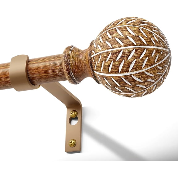 Imitation Wood Grain Ball Curtain Rods for Windows 48 to 84 Inch,1 Inch Heavy Duty Adjustable Wood Curtain Rod,Boho Decorative Drapery Rods Set with Brackets,Size:36''-88''