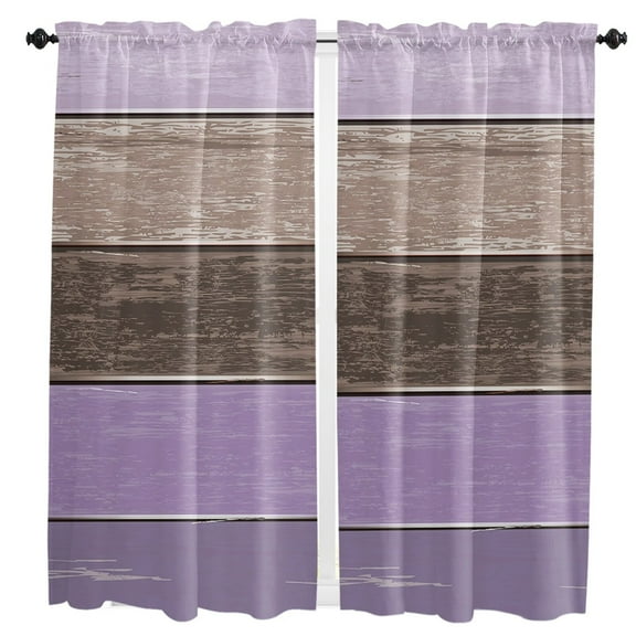Imitation Wood Grain Lavender Purple Brown Gradient Rod Pocket Short Curtain Half-Curtain Kitchen Door Drape Cafe Small Window