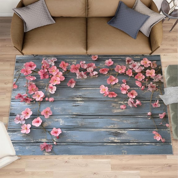Imitation Wood Rug Pink Flower Rugs for Living Room Soft Non Slip Washable Rugs for Bedroom, Old Texture Carpets for Dining Room Lounge Room-3' x 4'