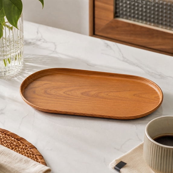 Imitation Wood Tray Light Brown 9.45in Oval Serving Tray for Dessert Cake Fruit Snacks Coffee Shop Home Kindergarten