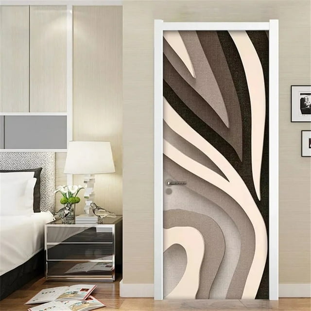 Imitation Wooden Door Modern Lines Door Sticker Abstract Art Mural