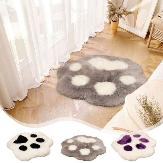 Imitation Wool Paw Shaped Rug Plush Long Hair Carpet | Modern Soft Fluffy Bedroom Living Room Floor Mat | Super Soft Non Slip Acrylic | Gray or Purple | 50x60 cm | 1 Piece