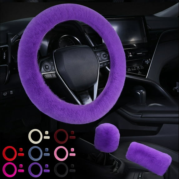 Imitation Wool Steering Wheel Cover Set | Warm Fuzzy Car Handle Covers 14.96in | Multicolor, Elastic Fit, Breathable & Sweat Resistant, Winter Driving Comfort
