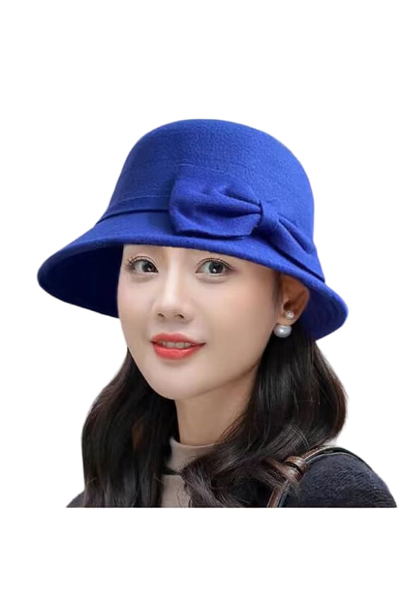 Imitation Wool Vintage Cloche Hats for Women, Chic Bowknot Hat for Church, Tea Party & Wedding, #03 Royal Blue Free Size