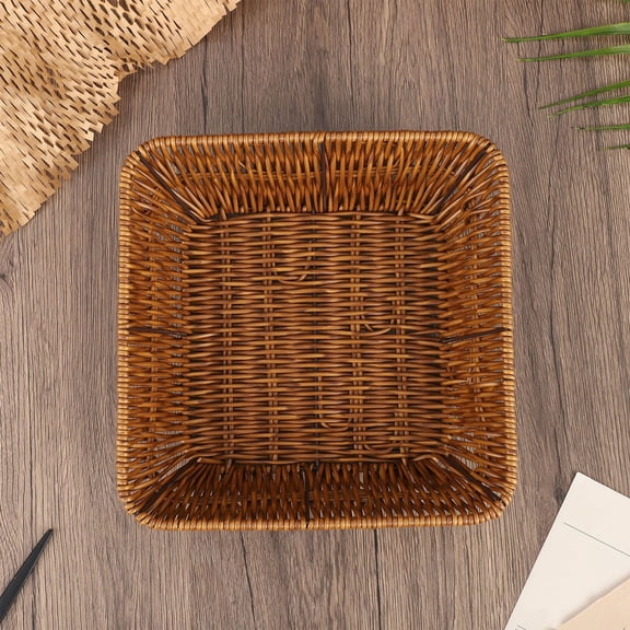 Imitation Woven Plastic Fruit Basket - Brown Snack Bread Storage Bin with Handle, Rectangular Veggie Display Organizer, Sturdy Kitchen Counter Decor, 8.66 x 8.66 x 2.76 Inches