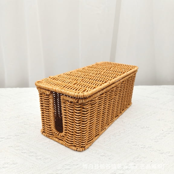 Imitation Woven Storage Caddy, Hollow Washable Multipurpose Basket, Plastic Weave Desktop Holder for Living Room Bedroom Office, Flip Top Organizer with Cable Slot