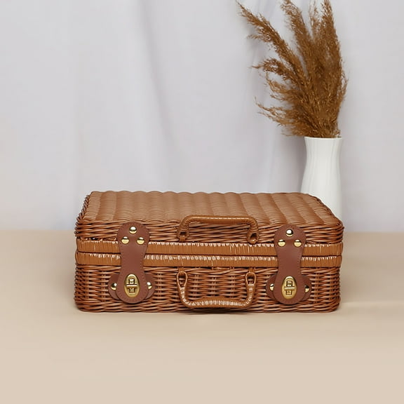 Imitation Woven Storage Suitcase, Rattan Style Decorative Box for Gift Packaging and Wedding Party, Portable Hand Carried Vintage Storage Case for Home Organization and Decor