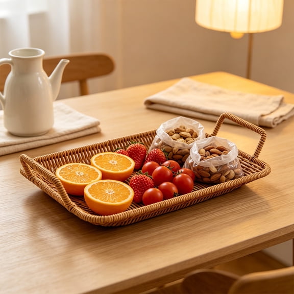 Imitation Woven Storage Tray Serving Basket Fruit Table Organizer Decorative Woven-Look Tray with Handles for Bread Snacks Mail - Plastic Flat Base 12x8 Inch 1 Pack for Home Kitchen Dining Room