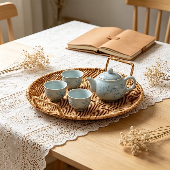 Imitation Woven Storage Tray with Handles, Decorative Serving Basket for Fruits and Snacks, Tabletop Organizer for Home Kitchen