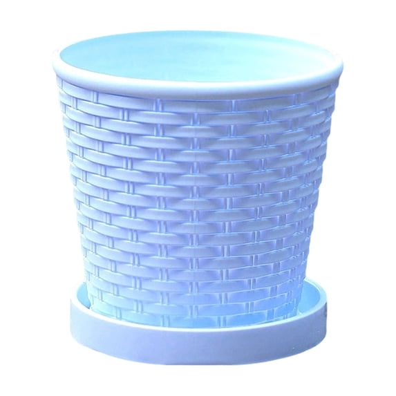 Imitation Woven Texture Plastic Flower Pot for Home Decor & Planting, Round Small Planter with Tray for Indoor Desktop & Outdoor Garden, Breathable Greenery Pot for Balcony Decor