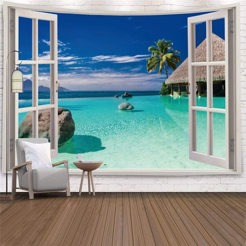 Imitation window landscape tapestry beach tropical tree sunrise sea ...