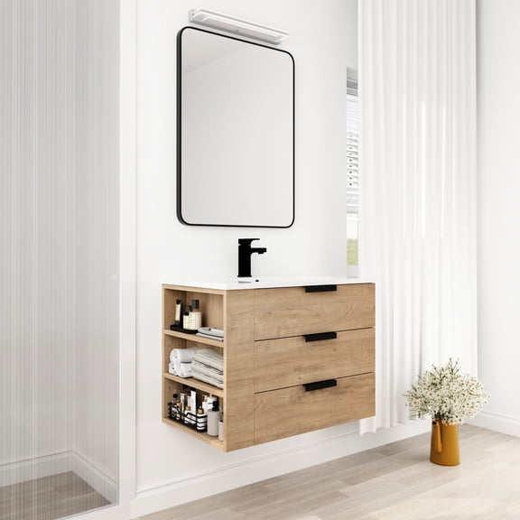 Imitative Oak 30-Inch Cabinet - Diversified Resin Basin - Wall-Mounted Bathroom - Break Away from Traditional Countertop
