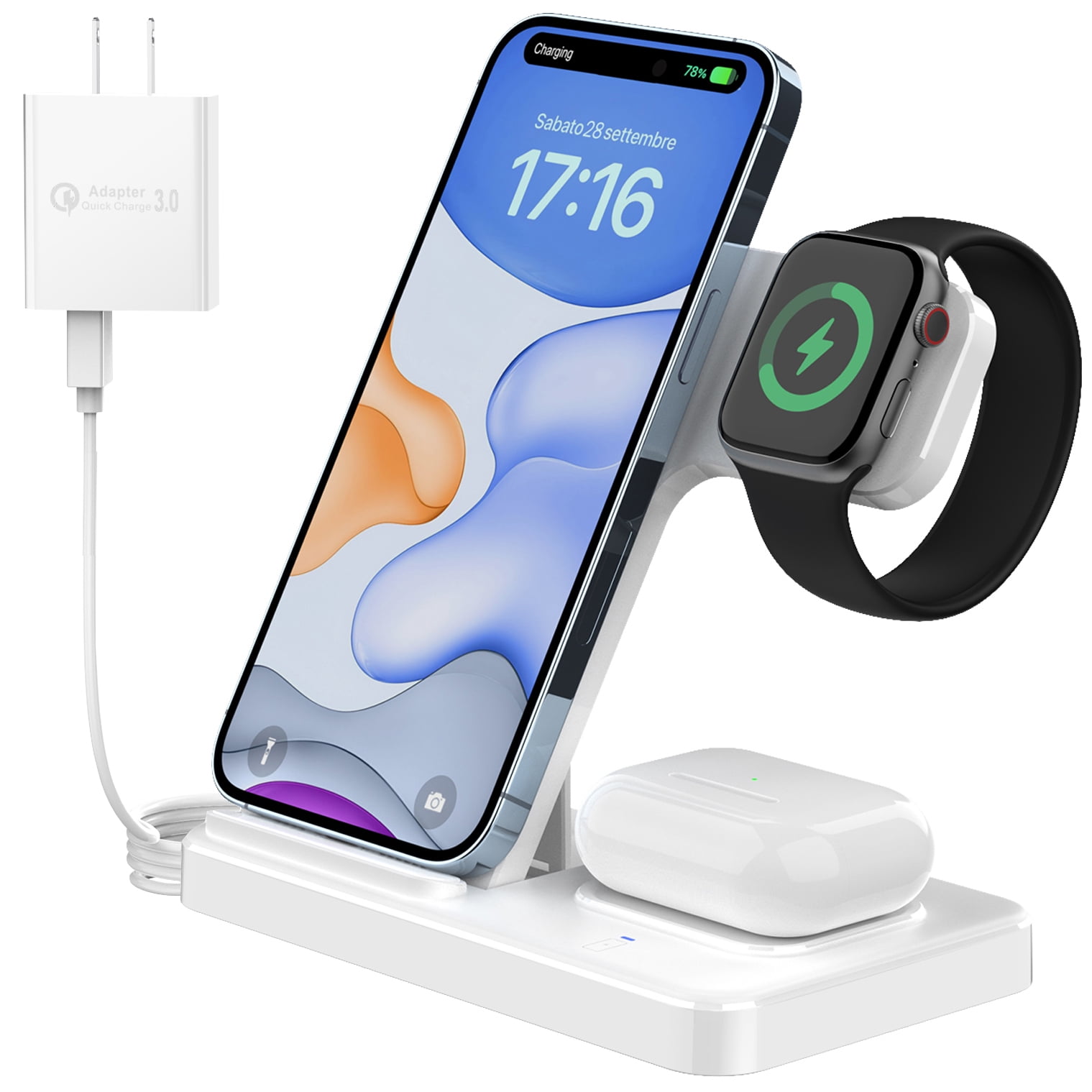 ImmSss Wireless Charger 3 in 1, Fast Charging Station Dock with Breathing Indicator for iPhone 16/15/14/13/12/11/Pro Max, Apple Watch 10/9/8/7/6/5/4/3 Airpods Pro/3/2/1 Samsung Galaxy (With Adapter)