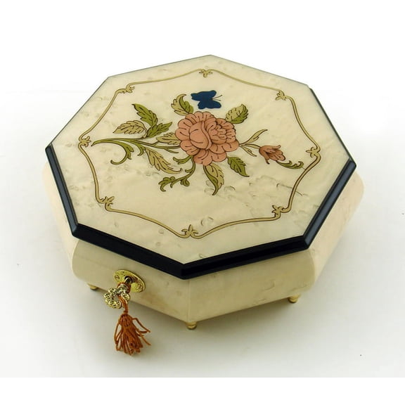 Immaculate 30 Note Ivory Stain Octagonal Music Jewelry Box with Rose and Butterfly Inlay - Ave Maria (Gounod)