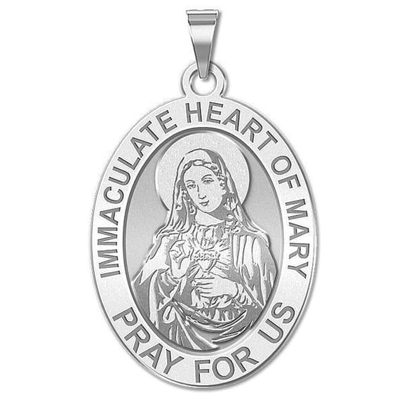 Immaculate Heart of Mary Oval Religious Medal  - 3/4 Inch X 1 Inch -Solid 14K White Gold