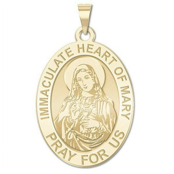 Immaculate Heart of Mary Oval Religious Medal Color - 3/4 Inch X 1 Inch -Solid 14K White Gold