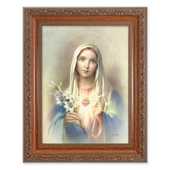 Immaculate Heart of Mary Picture Framed Wall Art Decor Medium, Antiqued Dark Mahogany Finished Frame with Acanthus-Leaf Detail