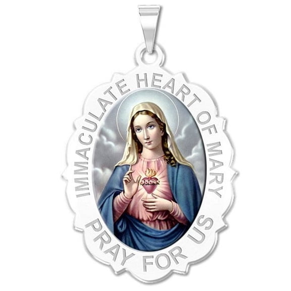 Immaculate Heart of Mary Scalloped Oval Color Religious Medal 2/3 X 3/4 Inch Size of Nickel, Solid 14K White Gold