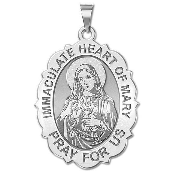 Immaculate Heart of Mary Scalloped Oval Religious Medal 2/3 X 3/4 Inch Size of Nickel, Solid 14K White Gold