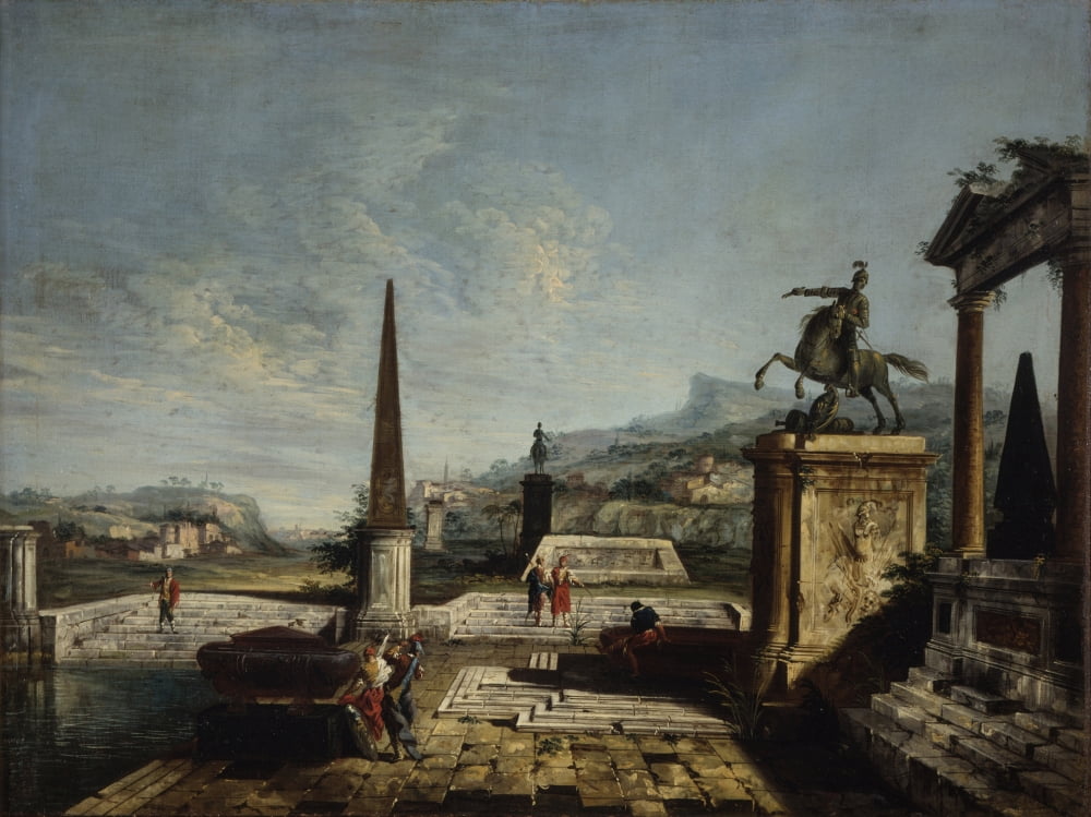 Immaginary View With Equestrian Monument And Obelisk Canvas Art - (24 x 18)
