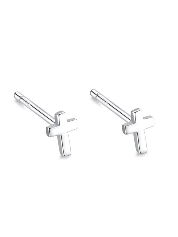 Sterling 925 Silver Cross Stud Earrings, Minimalist Pierced Ear Jewelry with Gift Box