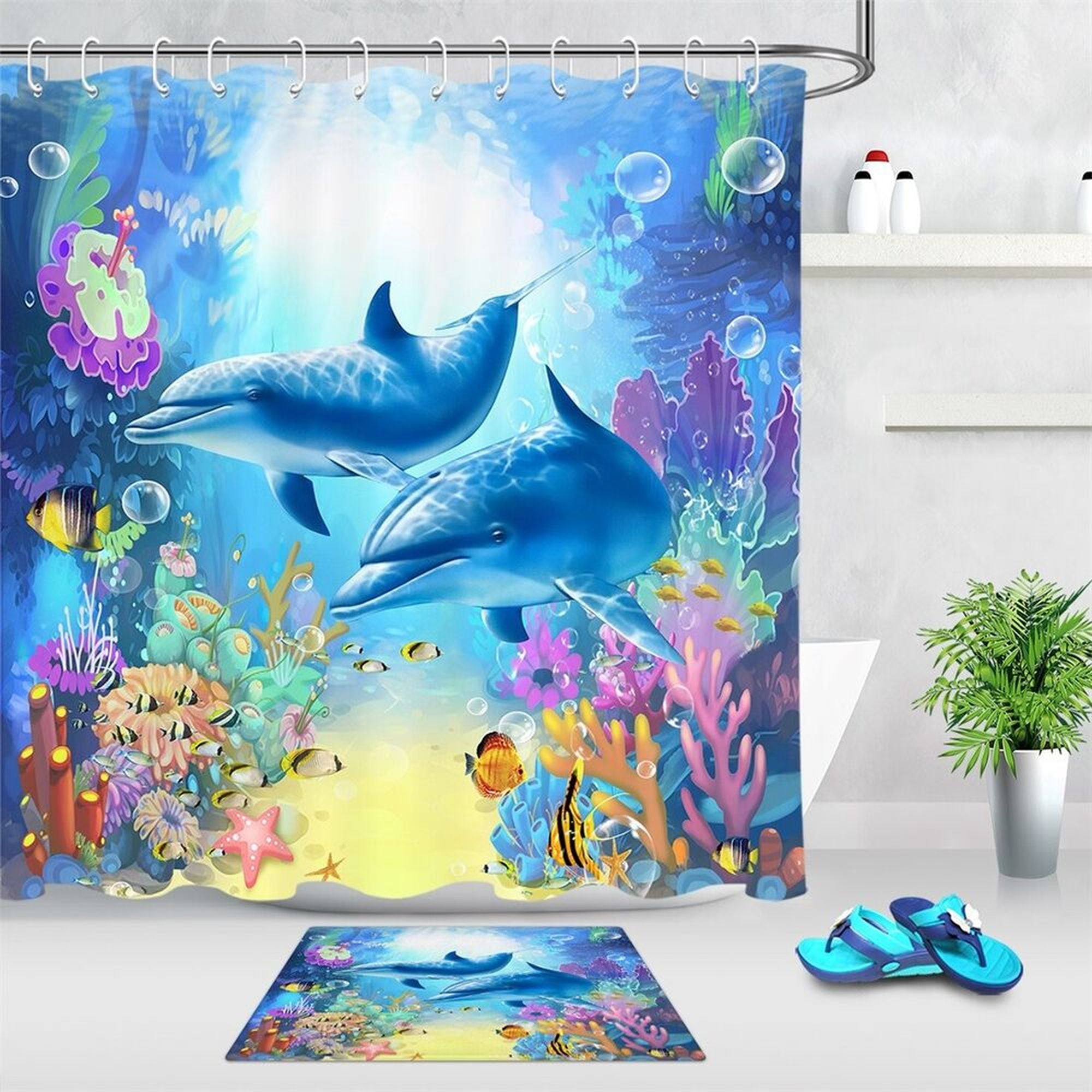 Immerse in a Vibrant Underwater Journey with our Marine Life Inspired Dolphin Shower Curtain