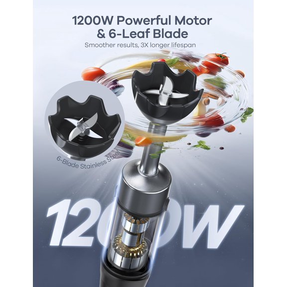 Immersion Blender 1200W Heavy Duty Hand Mixer with Display Variable Speed 9-in-1 Electric Handheld for Soup Puree Smoothies