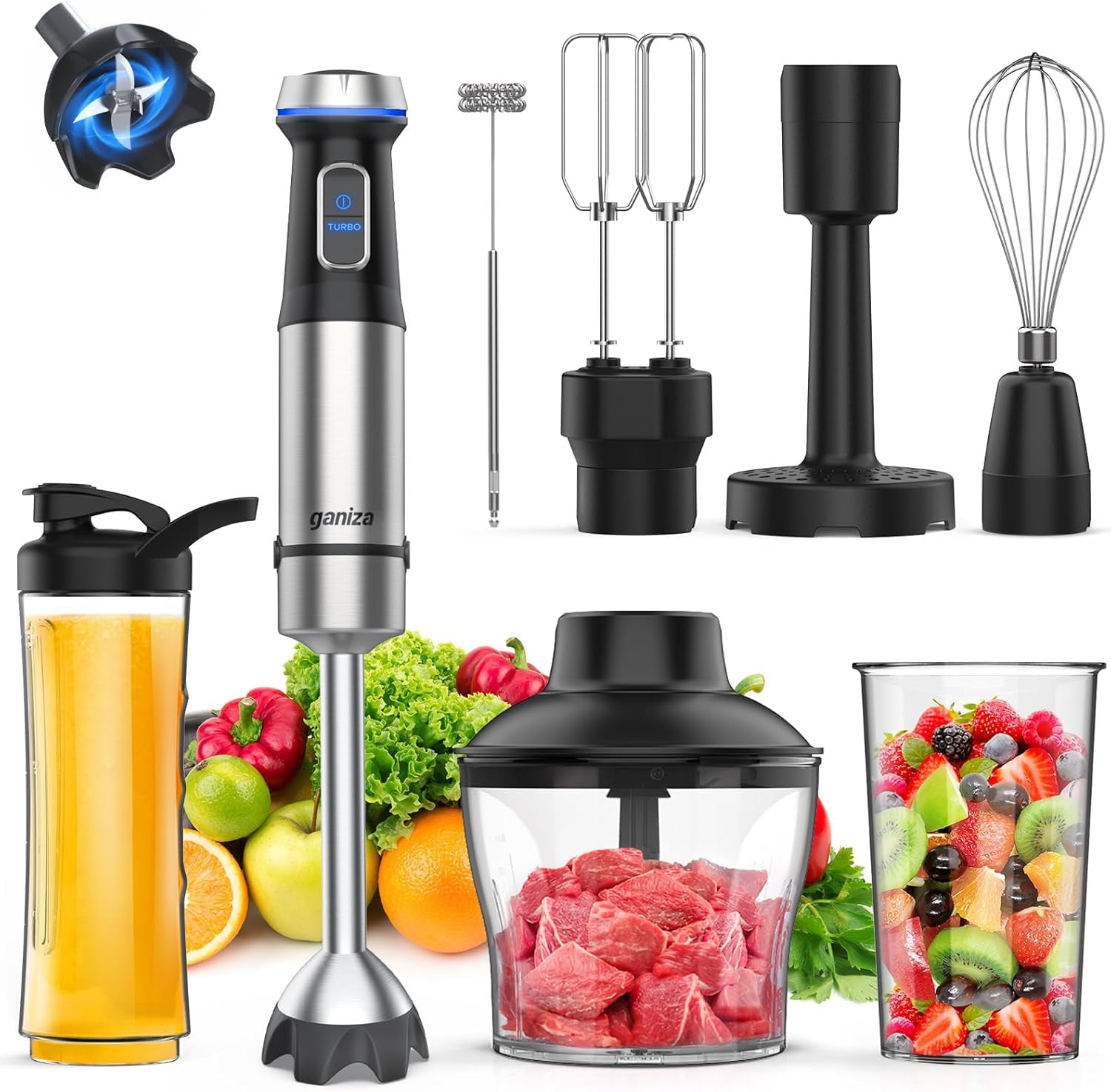 Immersion Blender 5 in 1 Hand Blender Max 1000W Heavy Duty Motor, 16 Speed Mode Handheld Blender Blade (8 IN1)