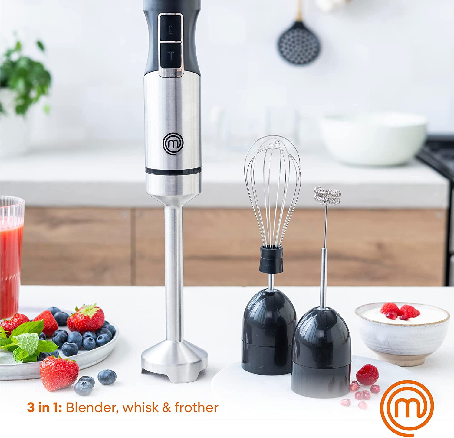Immersion Blender + Cutting Boards Bundle | Handheld Stainless Steel Stick Emulsifier with Attachments + Bamboo Chopping Board Set of 3 for Kitchen