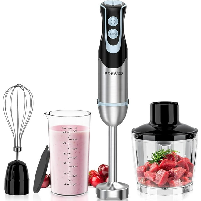 Immersion Blender Handheld, 4-in-1 S ainless S eel Hand Elec ric S ick Mixer wi h 12-Speeds & urbo Mode, Powerful 500W Emulsion Blender wi h Beaker, Chopper & Whisk