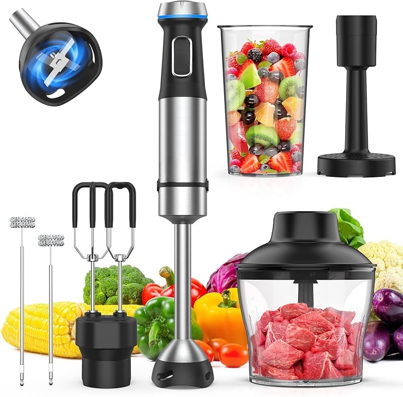 Immersion Blender Handheld, 6 in 1 Hand Blender Stainless Steel Blade, 15 Speed Stick Blenders Electric, 800ml Mixing Beaker, 600ml Chopper, Whisk, Frother, Potato Masher