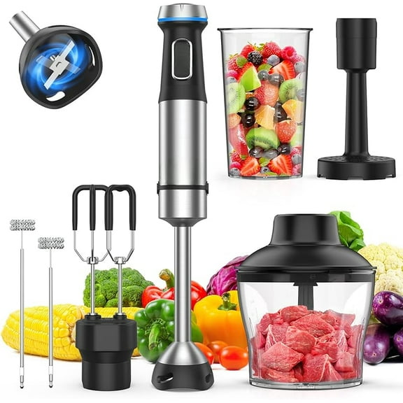 Immersion Blender Handheld, 6 in 1 Hand Blender Stainless Steel Blade, 15 Speed Stick Blenders Electric, 800ml Mixing Beaker, 600ml Chopper, Whisk, Frother, Potato Masher