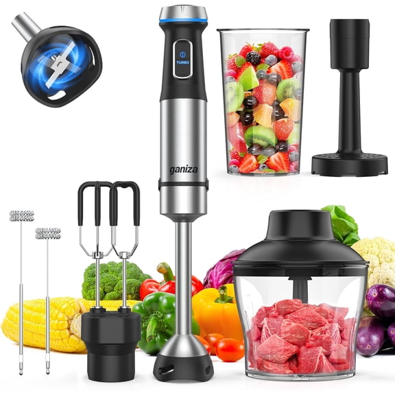 Immersion Blender Handheld, 6 in 1 Hand Blender Stainless Steel Blade, 15 Speed Stick Blenders Electric, 800ml Mixing Beaker, 600ml Chopper, Whisk, Frother, Potato Masher