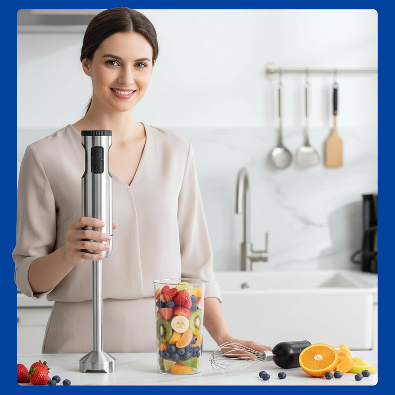 Immersion Blender Handheld 8-Speed Stainless Steel Electric Stick Mixer with Whisk Chopper for Soups Smoothies Sauces Baby Food