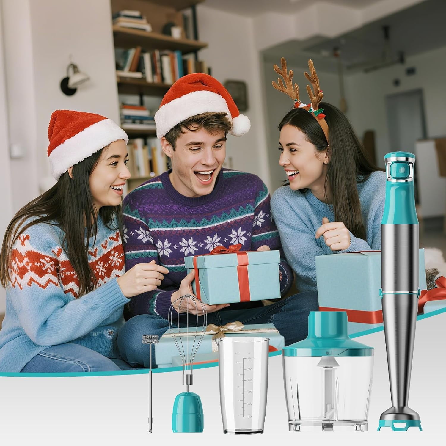 Immersion Blender Handheld Corded Hand Blenders Set 1100W, Trigger Variable Speed 5 in 1 Stick Emulsifier with Chopper Whisk and Frother for Soup Baby Food Smoothies Cyan Blue