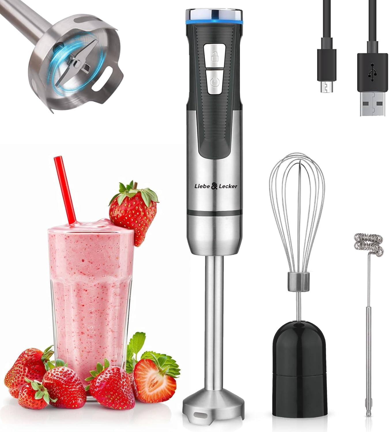 Liebe&Lecker Immersion Blender Handheld Cordless, 3 in 1 Cordless Hand Blender, 8 Speed Emulsion with Whisk Milk Frother for Soup Smoothie