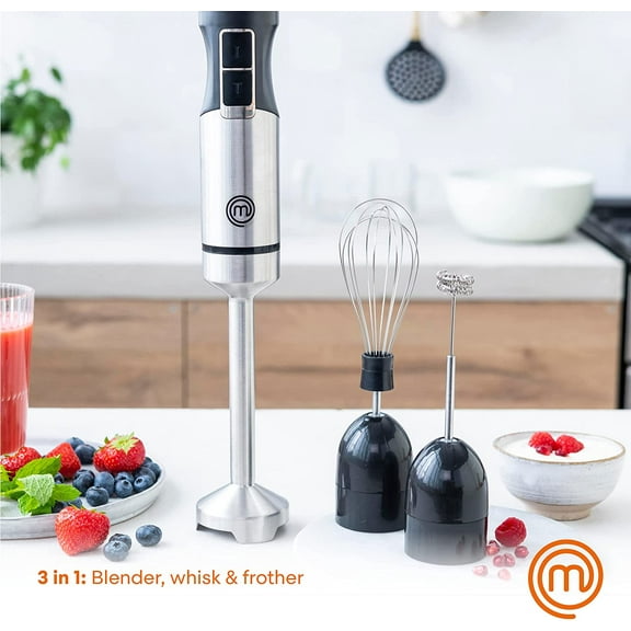 Immersion Blender Handheld with Electric Whisk & Milk Frother Attachments, Hand Held Stainless Steel Stick Emulsifier for Making Food, Soup, Puree, Cake, Cappuccino, Latte etc, 400W