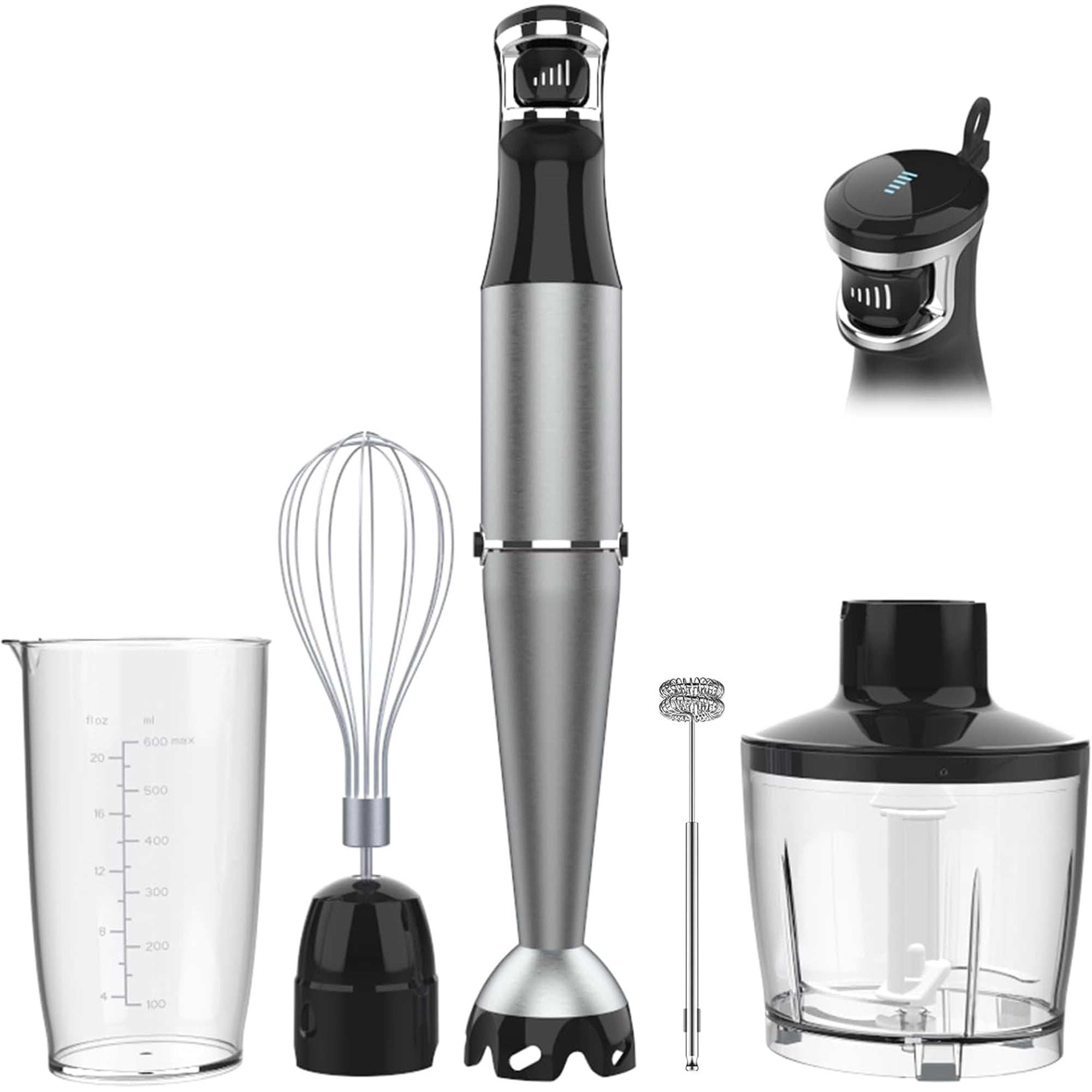 Boyun Daj Immersion Blender, 1100W 5-in-1 Hand Blender, Multi-Speed with 600ml Beaker, Chopper, Whisk & Milk Frother, Ideal for Soup, Baby Food, Sauces, Smoothies & Puree