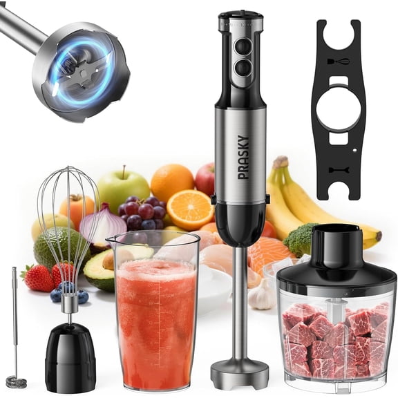 Immersion Blender Handheld Hand Blenders 20 Speed & Turbo Mode Hand Held Blender Heaviest Duty Copper Motor Stainless Steel Blades Milk Frother Wand Whisk 600ml Beaker 500ml Chopper Silver