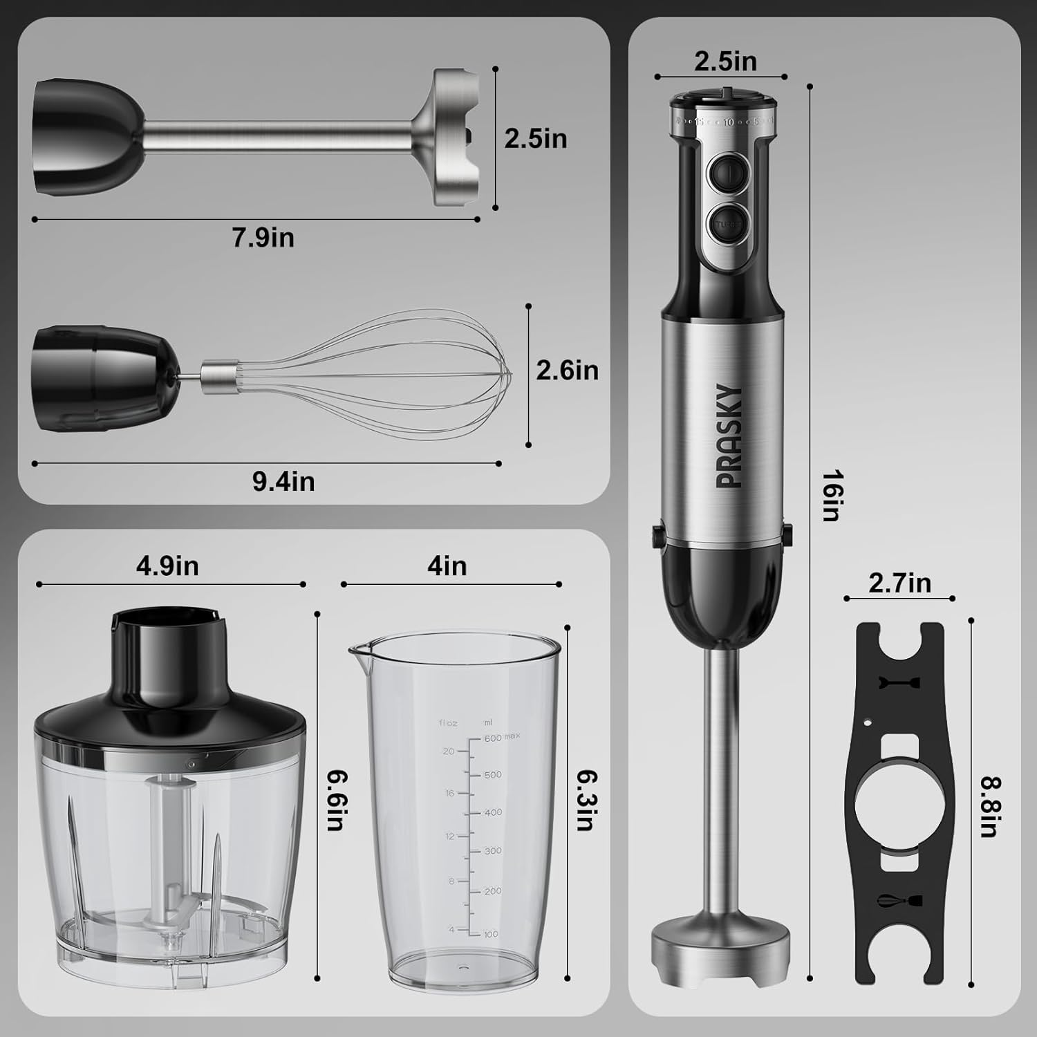 Immersion Blender Handheld with 20 Speed &  Mode, 500W Copper Motor Stainless Steel Blades for Soups Smoothies