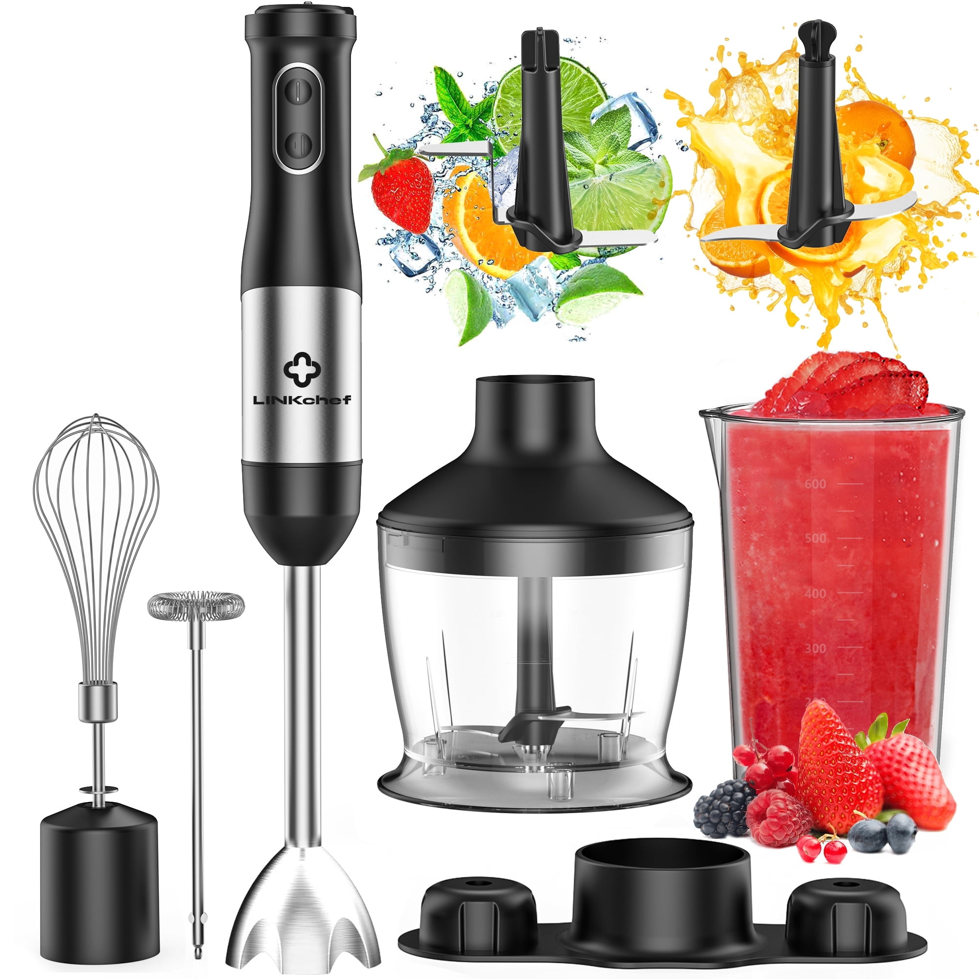 Immersion Blender, LINKChef 20-Speed 7-in-1 Hand Blender with Storage Bracket, Stick Blender with 304 Stainless Steel Blades, 600ml Beaker (Black)